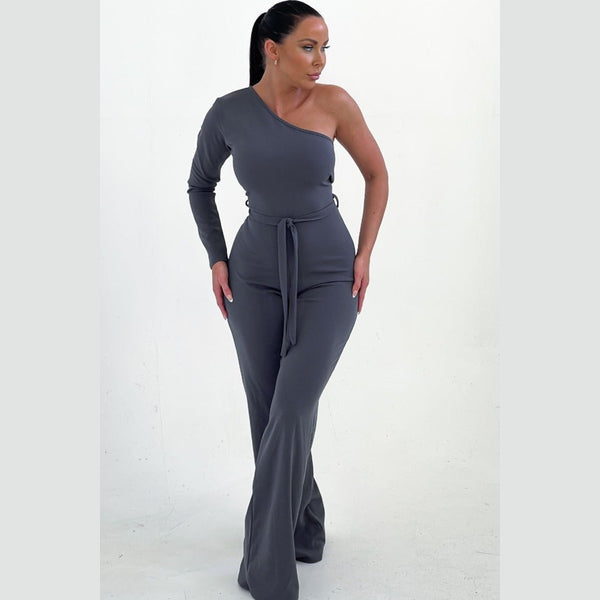 Smoke Grey Belted One Shoulder Jumpsuit - Evelyn