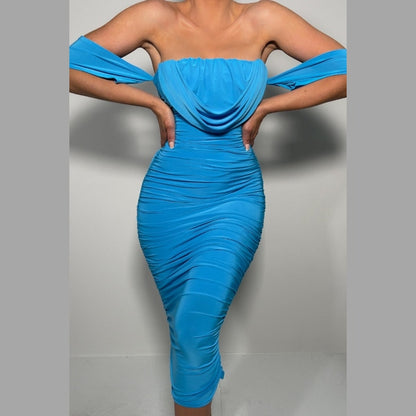 Blue Bardot Cowl Neck Ruched Midi Dress - Malia