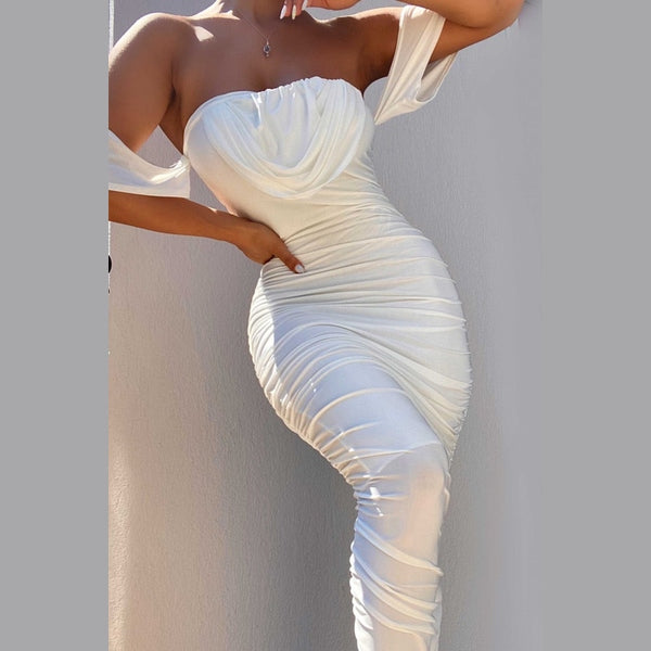 White Bardot Cowl Neck Ruched Midi Dress - Malia