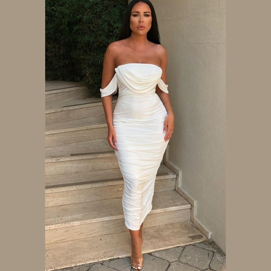 White Bardot Cowl Neck Ruched Midi Dress - Malia