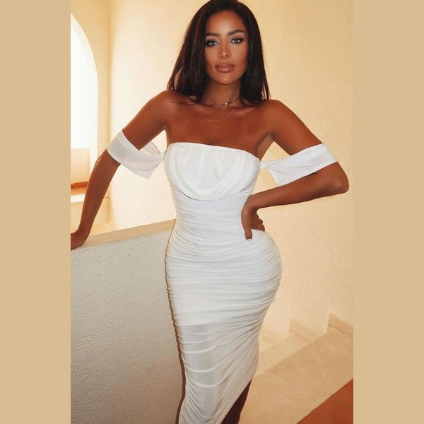 White Bardot Cowl Neck Ruched Midi Dress - Malia