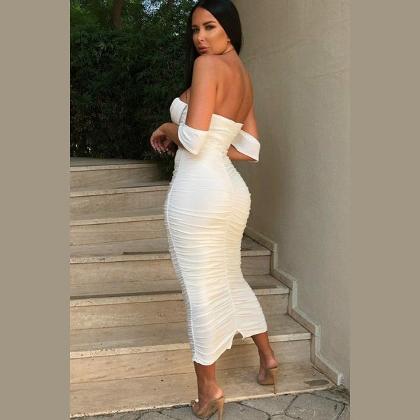 White Bardot Cowl Neck Ruched Midi Dress - Malia