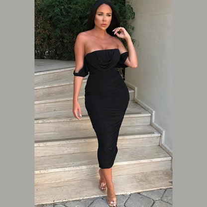 Black Bardot Cowl Neck Ruched Midi Dress - Malia