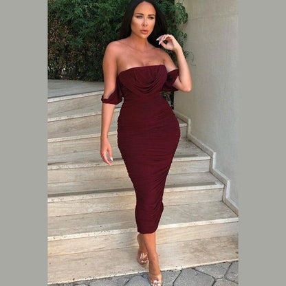 Wine Bardot Cowl Neck Ruched Midi Dress - Malia