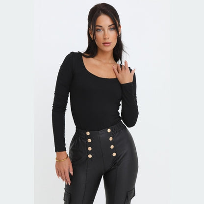 Black Scoop Neck Long Sleeve Soft Touch Fitted Bodysuit - Emma