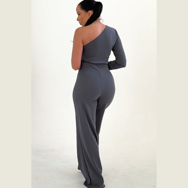 Smoke Grey Belted One Shoulder Jumpsuit - Evelyn