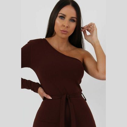 Brown Belted One Shoulder Jumpsuit - Evelyn