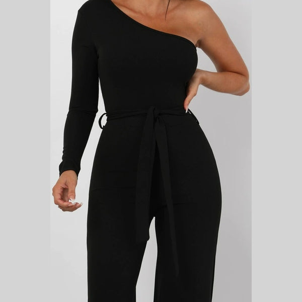 Black Belted One Shoulder Jumpsuit - Evelyn