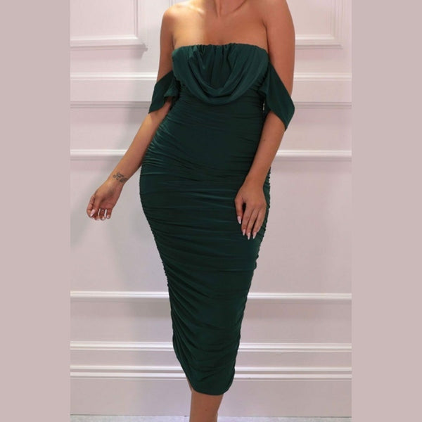 Emerald Bardot Cowl Neck Ruched Midi Dress - Malia