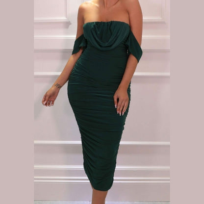 Emerald Bardot Cowl Neck Ruched Midi Dress - Malia