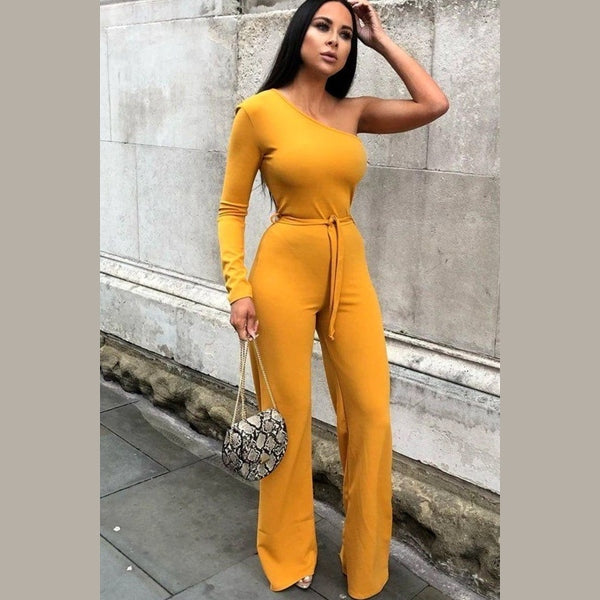 Mustard Belted One Shoulder Jumpsuit - Evelyn