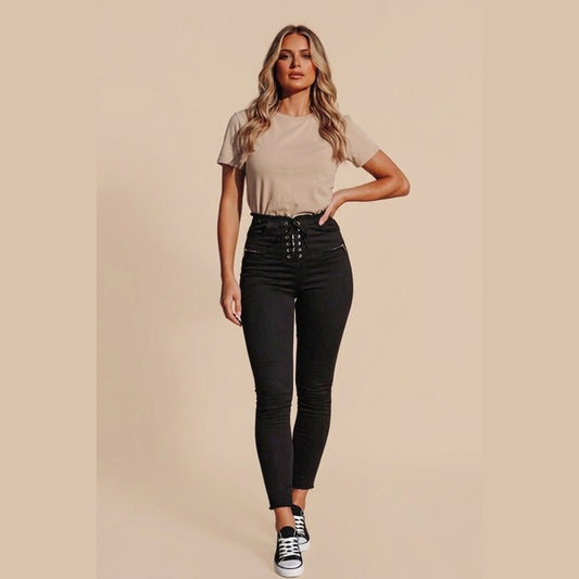 Black Lace Up High Waist Skinny Jeans-Lava