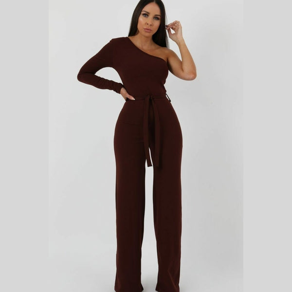 Brown Belted One Shoulder Jumpsuit - Evelyn