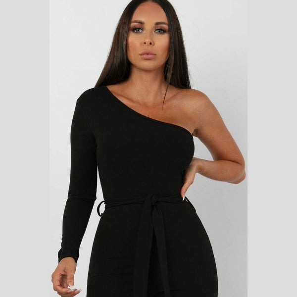 Black Belted One Shoulder Jumpsuit - Evelyn