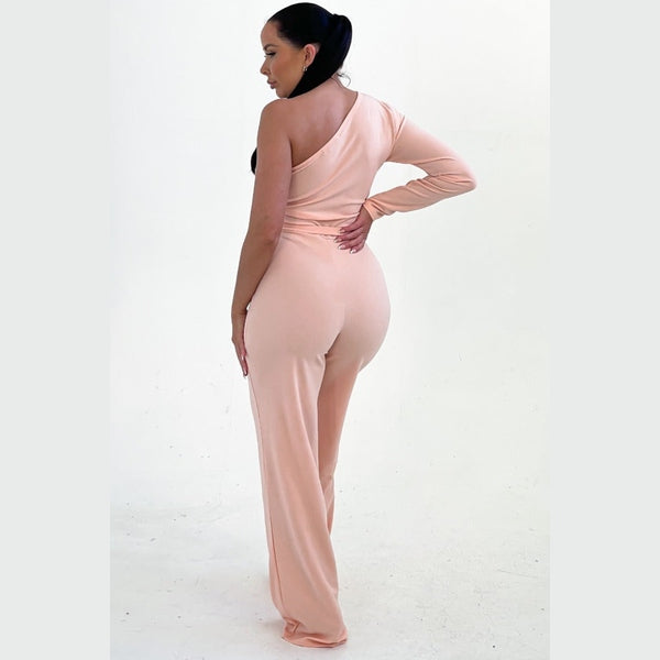 Nude Belted One Shoulder Jumpsuit - Evelyn