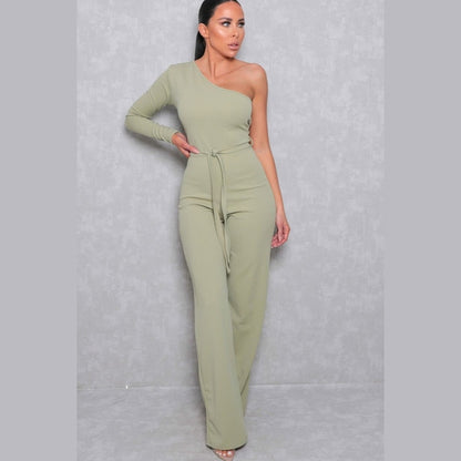 Sage Belted One Shoulder Jumpsuit - Evelyn