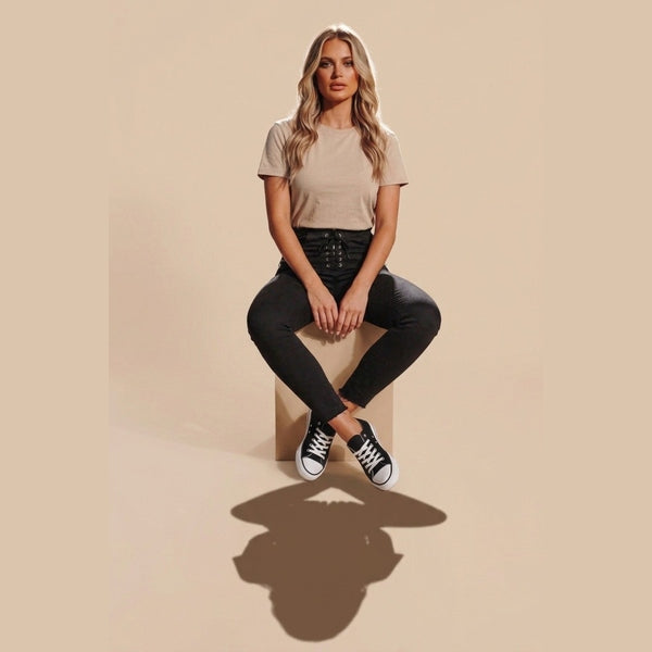 Black Lace Up High Waist Skinny Jeans-Lava