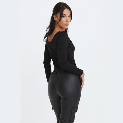 Black Scoop Neck Long Sleeve Soft Touch Fitted Bodysuit - Emma
