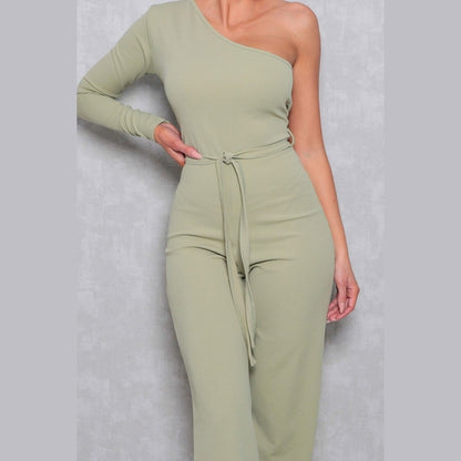 Sage Belted One Shoulder Jumpsuit - Evelyn