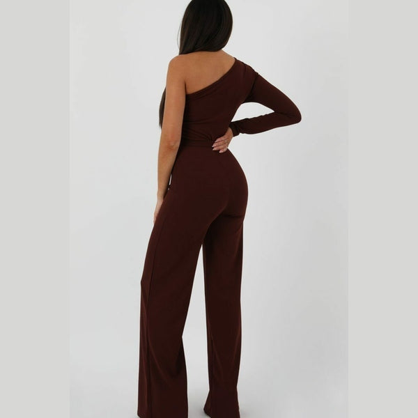 Brown Belted One Shoulder Jumpsuit - Evelyn