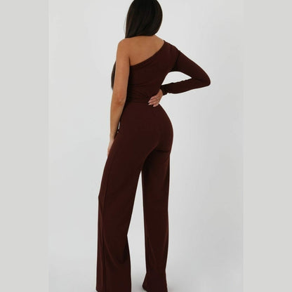 Brown Belted One Shoulder Jumpsuit - Evelyn