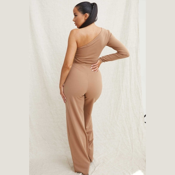 Camel Belted One Shoulder Jumpsuit - Evelyn