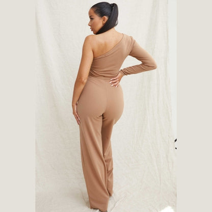 Camel Belted One Shoulder Jumpsuit - Evelyn