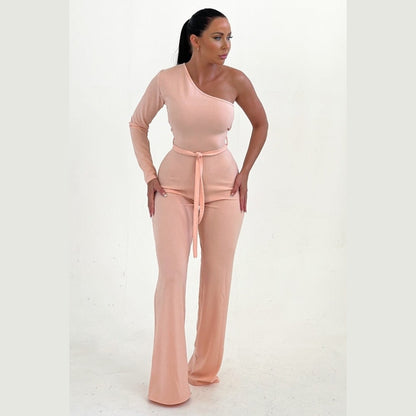 Nude Belted One Shoulder Jumpsuit - Evelyn