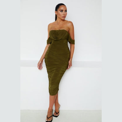 Olive Green Bardot Cowl Neck Ruched Midi Dress - Malia