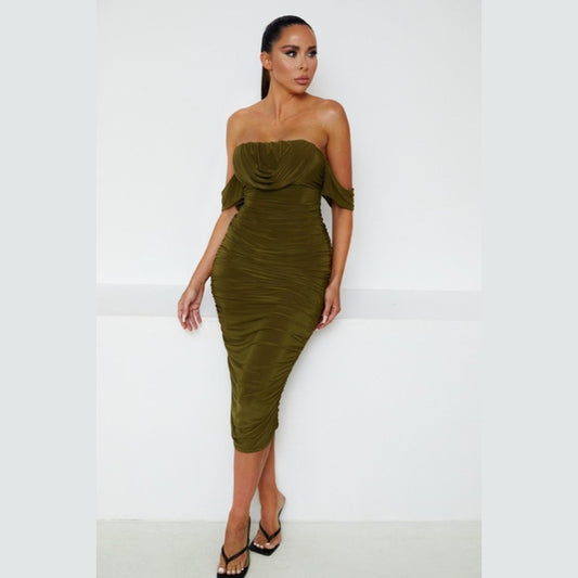 Olive Green Bardot Cowl Neck Ruched Midi Dress - Malia