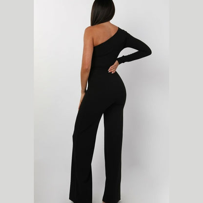 Black Belted One Shoulder Jumpsuit - Evelyn