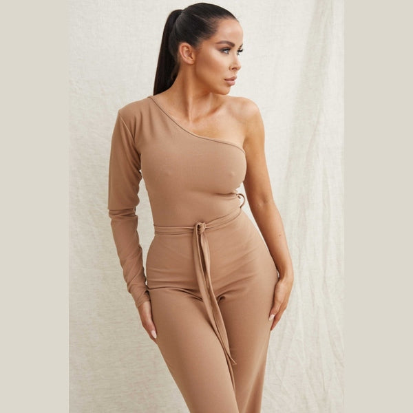 Camel Belted One Shoulder Jumpsuit - Evelyn