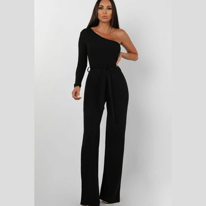Black Belted One Shoulder Jumpsuit - Evelyn