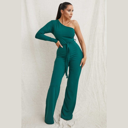 Emerald Belted One Shoulder Jumpsuit - Evelyn