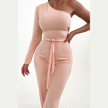 Nude Belted One Shoulder Jumpsuit - Evelyn
