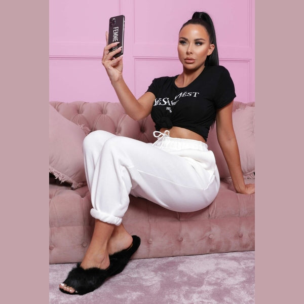 White Cuffed Joggers - Lizzie