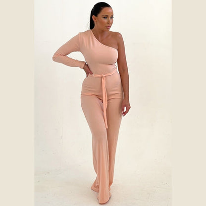 Nude Belted One Shoulder Jumpsuit - Evelyn