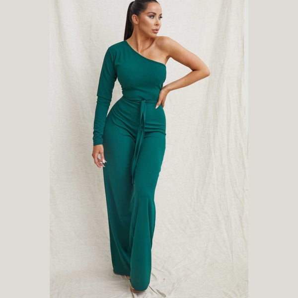 Emerald Belted One Shoulder Jumpsuit - Evelyn