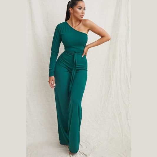Emerald Belted One Shoulder Jumpsuit - Evelyn