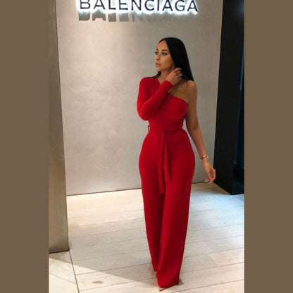 Red Belted One Shoulder Jumpsuit - Evelyn