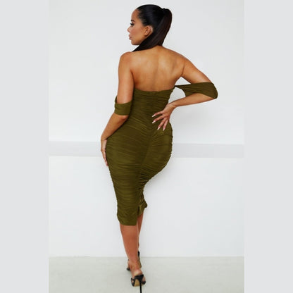 Olive Green Bardot Cowl Neck Ruched Midi Dress - Malia