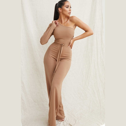Camel Belted One Shoulder Jumpsuit - Evelyn
