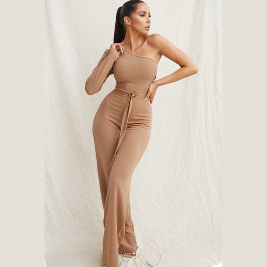 Camel Belted One Shoulder Jumpsuit - Evelyn