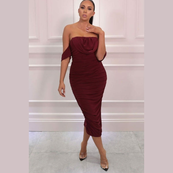 Wine Bardot Cowl Neck Ruched Midi Dress - Malia