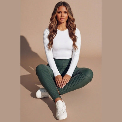 Khaki Panel Detail High Waisted Leggings- Kiya