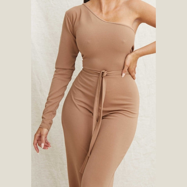 Camel Belted One Shoulder Jumpsuit - Evelyn