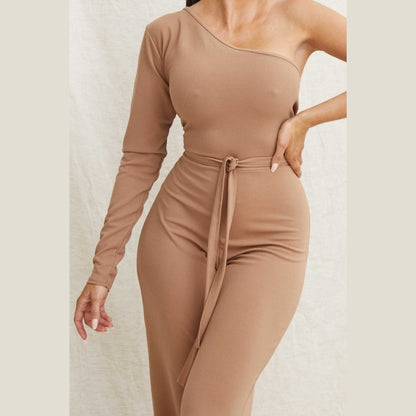 Camel Belted One Shoulder Jumpsuit - Evelyn