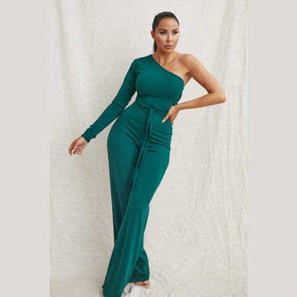 Emerald Belted One Shoulder Jumpsuit - Evelyn