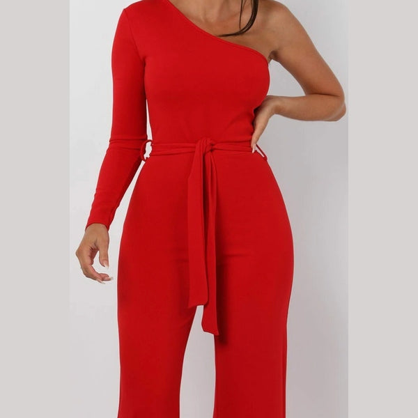 Red Belted One Shoulder Jumpsuit - Evelyn