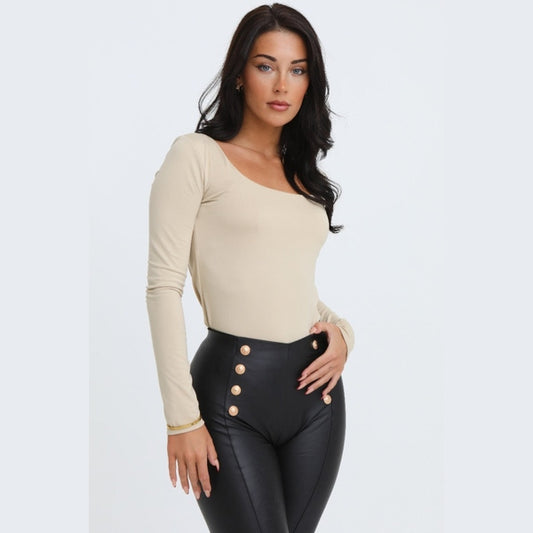 Stone Scoop Neck Long Sleeve Soft Touch Fitted Bodysuit - Emma